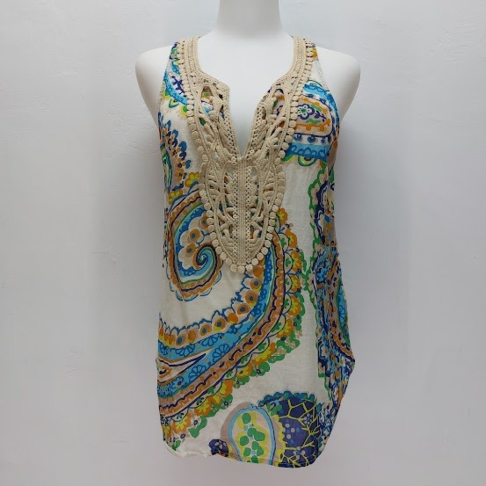 Trina Turk Tank Top Women's Medium Blue Paisley Silk Blend Crochet V-Neck Boho